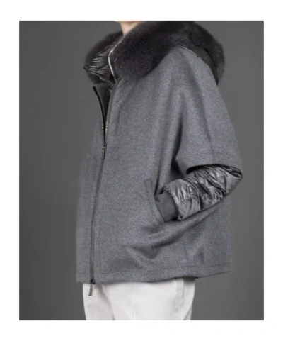 Moorer Short Cape In Dark Gray Cashmere Wool With Detachable Goose Down Jacket In Gray