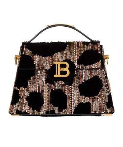Balmain B-buzz Dynasty Bag In Embroidered Velvet In Black