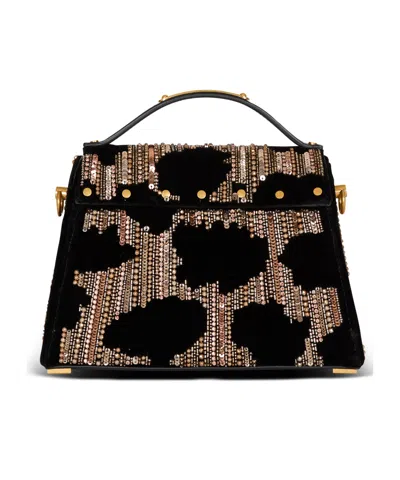 Balmain B-buzz Dynasty Bag In Embroidered Velvet In Black