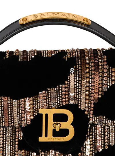 Balmain B-buzz Dynasty Bag In Embroidered Velvet In Black