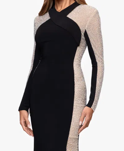 Xscape Women's V-neck Long Sleeve Dress In Black