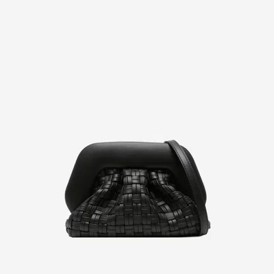 Themoirè Tia Black Clutch Bag With Woven Straw Motif And Shoulder Strap In Black