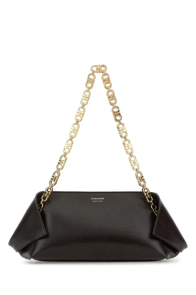 Ferragamo Brown Shoulder Bag With Logo Strap And Logo Lettering On The Front In Leather Woman In Black