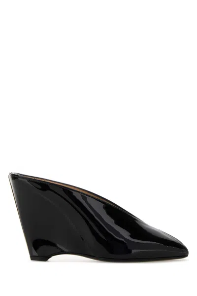 Ferragamo Leather Mules With Wedge Heel And Glossy Finish In Black