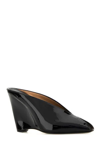 Ferragamo Leather Mules With Wedge Heel And Glossy Finish In Black