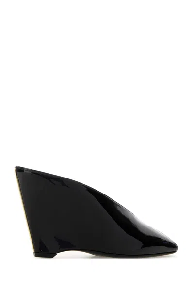 Ferragamo Leather Mules With Wedge Heel And Glossy Finish In Black