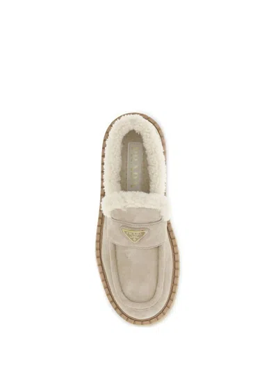 Prada Beige Calf Leather Bos Taurus Platform Loafers In White