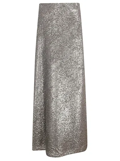 Herno Midi Skirt With Shimmering Metallic Finish And Flared Silhouette In Silver