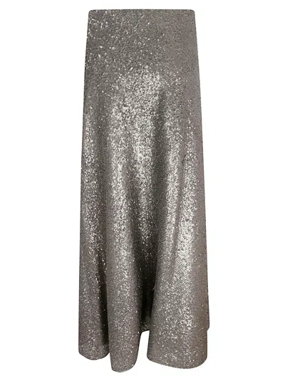 Herno Midi Skirt With Shimmering Metallic Finish And Flared Silhouette In Silver