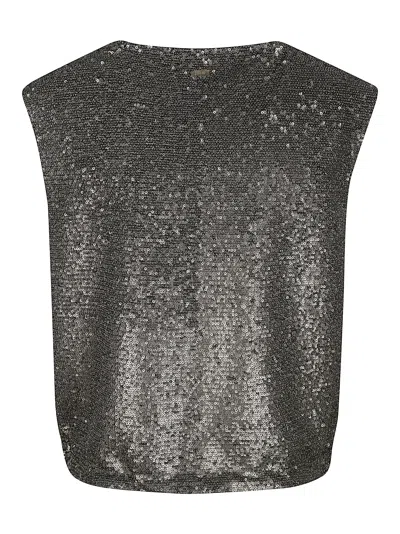 Herno Sequined Tulle Top With Boat Neck And Adjustable Drawstrings In Brown