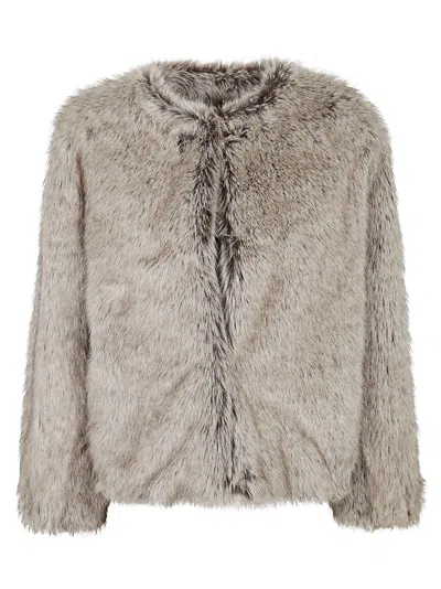 Antonelli Cropped Faux Fur Jacket With Round Neckline And Relaxed Fit In Brown