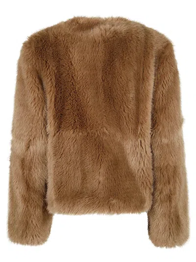 Stand Studio Cropped Faux Fur Coat With Minimalistic Design And Plush Texture In Brown