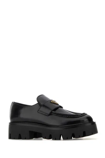 Prada Platform Leather Triangle Logo Loafers In Black