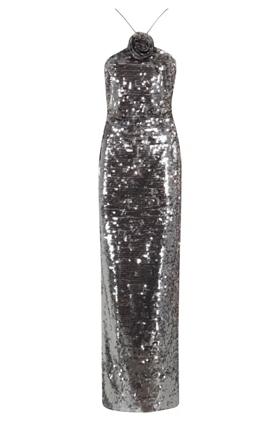 Magda Butrym Long Sequin Dress With Floral Appliqué In Gray