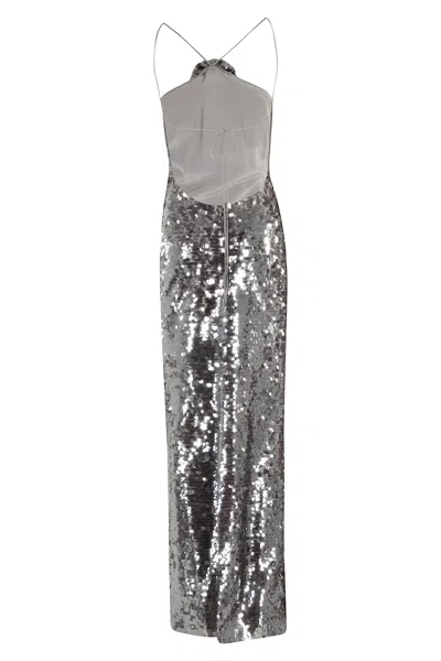Magda Butrym Long Sequin Dress With Floral Appliqué In Gray