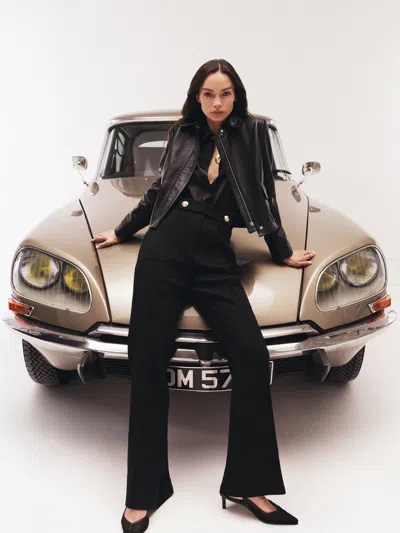 Reiss Black Twill Button-tab Flared Trousers With Wool In Black