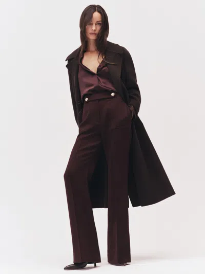 Reiss Burgundy Twill Button-tab Flared Trousers With Wool In Burgundy