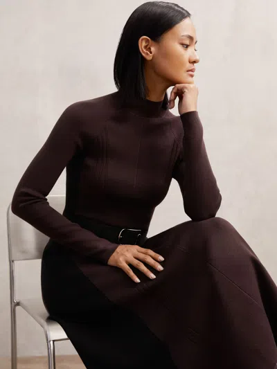 Reiss Plum Purple/black Petite Knitted Contrast-panel Midi Dress In Brown