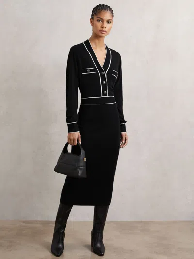 Reiss Black/ivory Wool-blend Tipped Dress With Cashmere In Black