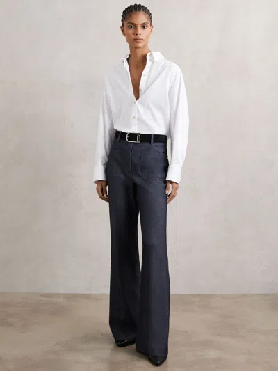 Reiss Blue Petite Flannel Patch-pocket Flared Trousers With Wool In Blue