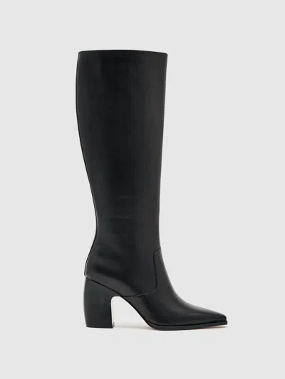 Reiss Black Leather Knee-high Block-heel Boots In Black