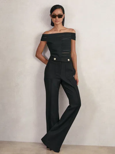 Reiss Black Petite Twill Button-tab Flared Trousers With Wool In Black