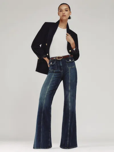 Reiss Glora Button Detail High Rise Flare Jeans In Mid Blue In Blue