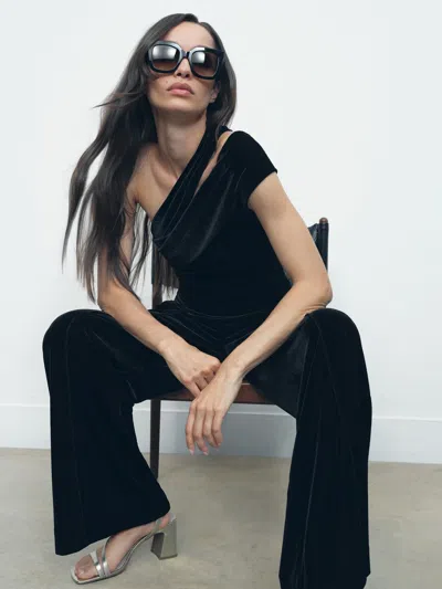 Reiss Black Velvet One-shoulder Wide-leg Jumpsuit In Black