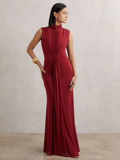 Reiss Dark Red Ruched Sleeveless Maxi Dress In Red