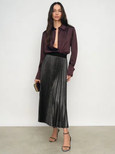 Reiss Charcoal Grey Metallic Pleated Midi Skirt In Gray
