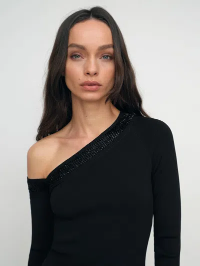 Reiss Womens Black Maddie Beaded Off-shoulder Stretch-knit Top In Black