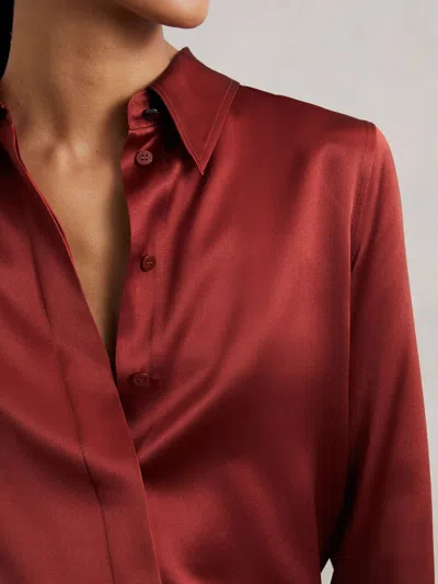 Reiss Dark Red Silk-satin Concealed-placket Shirt In Red