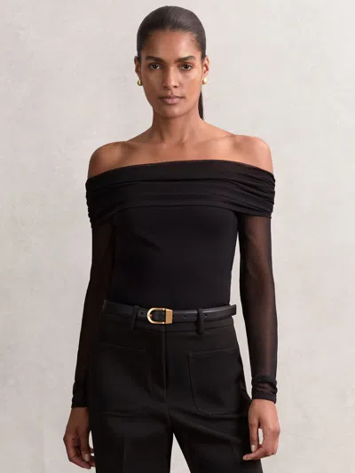 Reiss Womens Black Angie Bardot-neckline Stretch-mesh Top