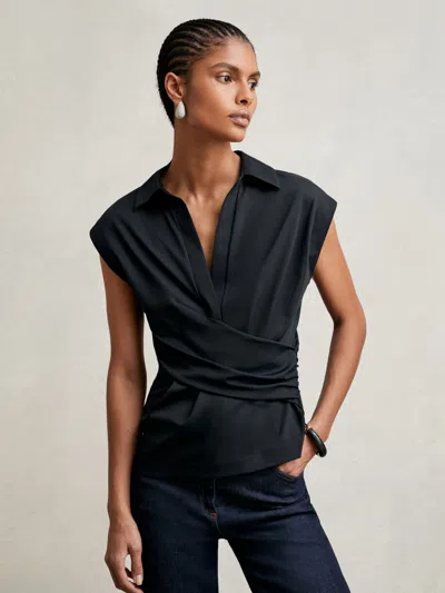 Reiss Navy Stretch-cotton Wrap-front Collar Top In Blue