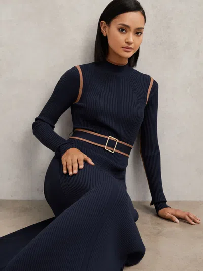Reiss Navy/camel Colour-block Rib-knit Midi Dress In Multi