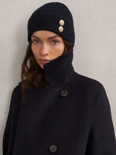 Reiss Navy Merino Wool Blend Button Beanie With Cashmere In Brown