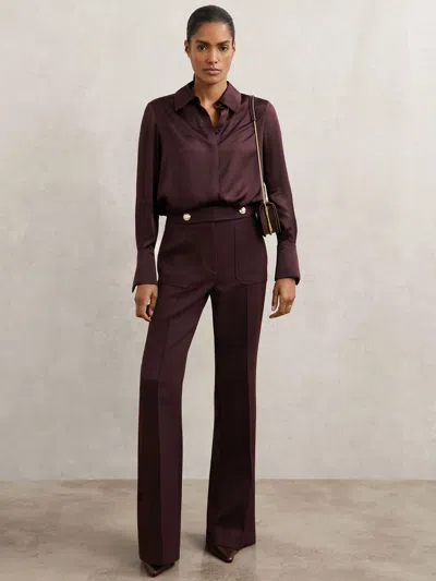 Reiss Burgundy Petite Twill Button-tab Flared Trousers With Wool In Multi