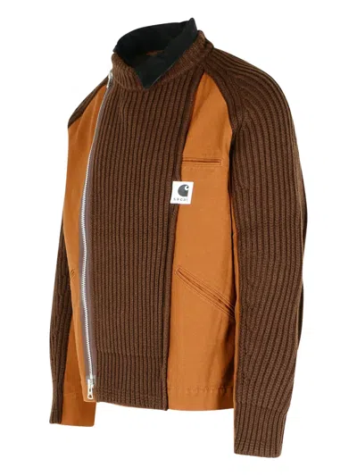 Sacai Men S Carhartt Wip Washed Duck X Wool Knit Blouson In Brown