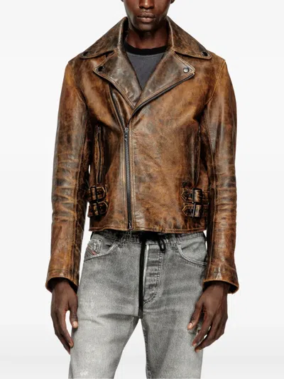 Diesel Biker Jacket In Treated Leather In Brown
