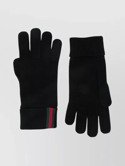 Gucci Knit Gloves With Ribbed Cuffs And Stripes In Black