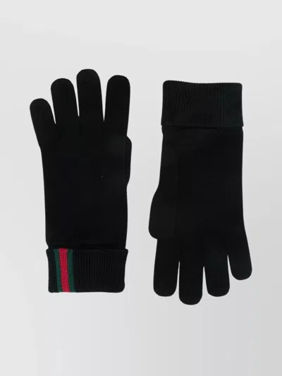 Gucci Knit Gloves With Ribbed Cuffs And Stripes In Black