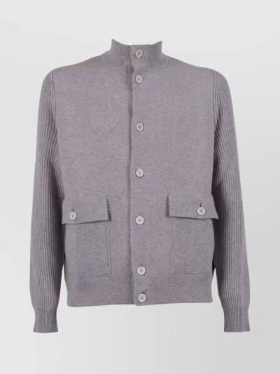 Lardini Knit Jacket With Ribbed Sleeves And High Collar In Gray
