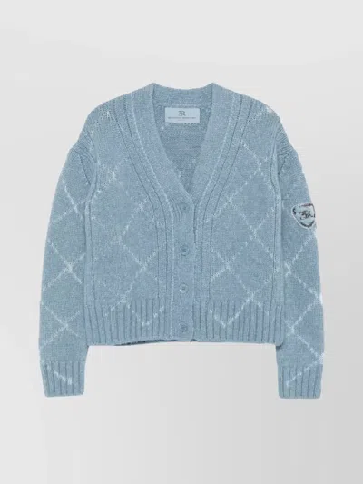 Ermanno Scervino Alpaca And Merino Blend Cardigan With Diamond Pattern And Microcrystal Logo In Blue