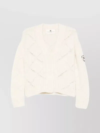 Ermanno Scervino Diamond Pattern Knit Cardigan With Ribbed Cuffs And Hem In Neutral