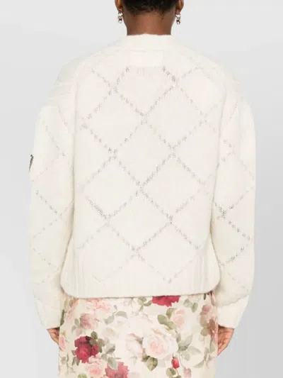 Ermanno Scervino Diamond Pattern Knit Cardigan With Ribbed Cuffs And Hem In Neutral