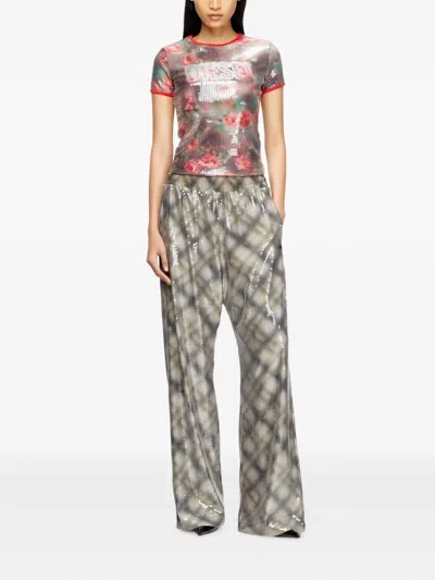 Diesel T-unkyel Sequinned Skinny Floral Print Jersey Top In Multi