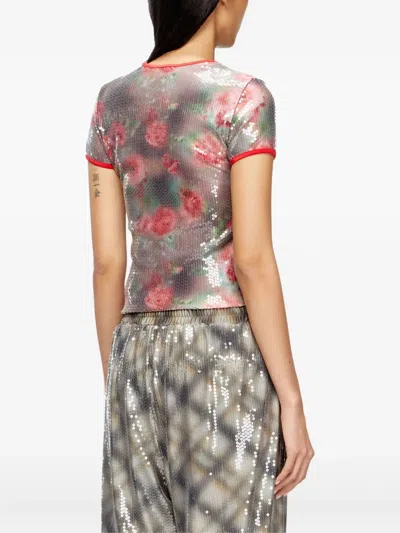 Diesel T-unkyel Sequinned Skinny Floral Print Jersey Top In Multi