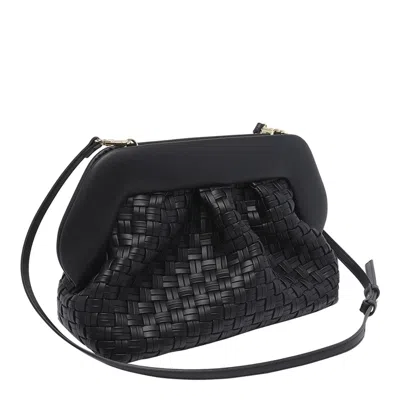 Themoirè Tia Black Clutch Bag With Woven Straw Motif And Shoulder Strap In Black