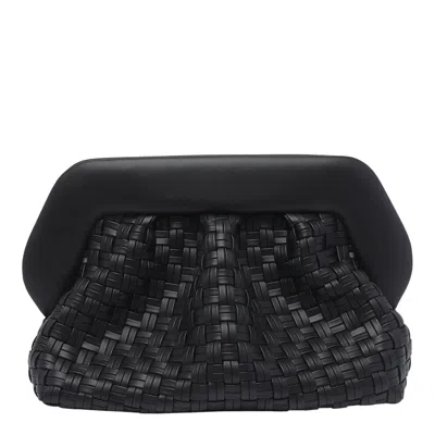 Themoirè Tia Black Clutch Bag With Woven Straw Motif And Shoulder Strap In Black