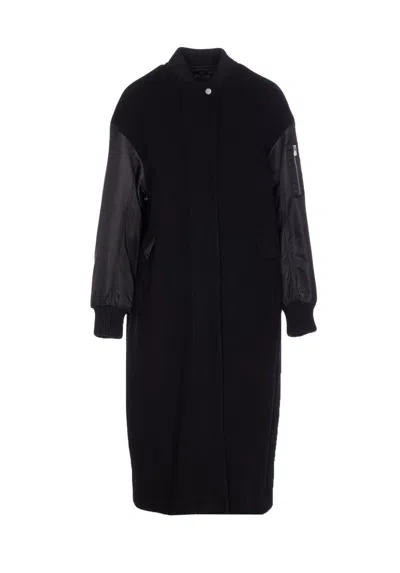 Pinko Long Bomber Coat In Wool And Nylon In Black